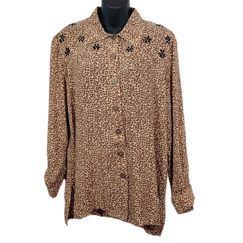 Vintage Cache Women's Animal Print Brown Button Down Long Sleeve Shirt Small